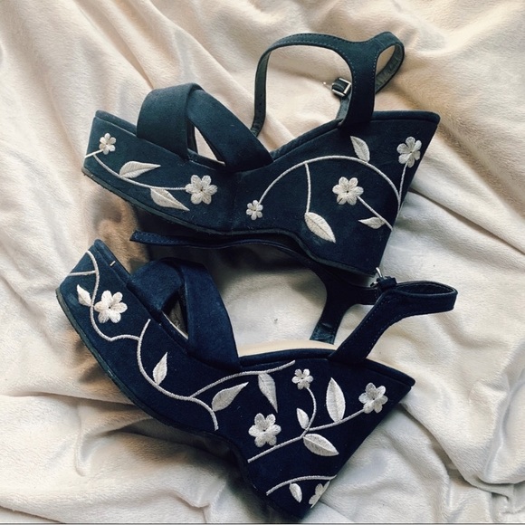 MIA Shoes - Embroidered Navy Wedges